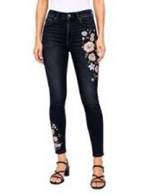 Driftwood “Jackie” Embroidered Skinny Black Was Denim Jeans – Size 27